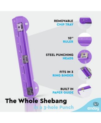 3 Hole Punch Pink, Portable Hole Puncher for 3 Ring Binder, 3 Sheets Capacity, Removable Chip Tray, 10” Ruler for School, Office, 1 Pc-by Enday