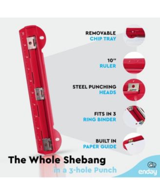 3 Hole Punch Pink, Portable Hole Puncher for 3 Ring Binder, 3 Sheets Capacity, Removable Chip Tray, 10” Ruler for School, Office, 1 Pc-by Enday