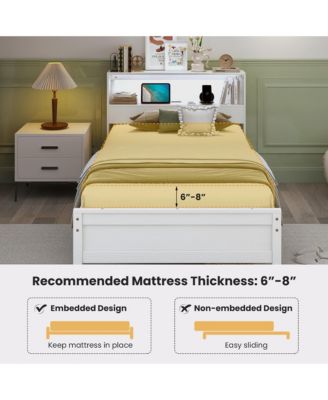 Twin Size Wooden Bed Frame w/ Charging Station & LED Light Storage Headboard