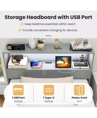 Twin Size Wooden Bed Frame w/ Charging Station & LED Light Storage Headboard