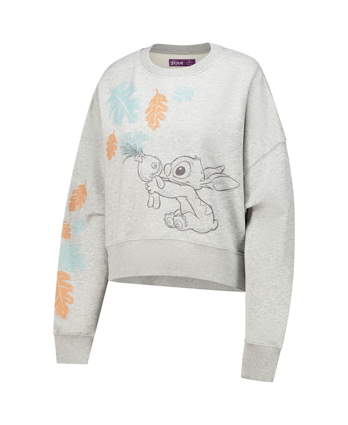 FREEZE MAX WOMEN'S HEATHER GRAY LILO AND STITCH HOLD ON TIGHT LOOSE FIT CROPPED PULLOVER SWEATSHIRT 