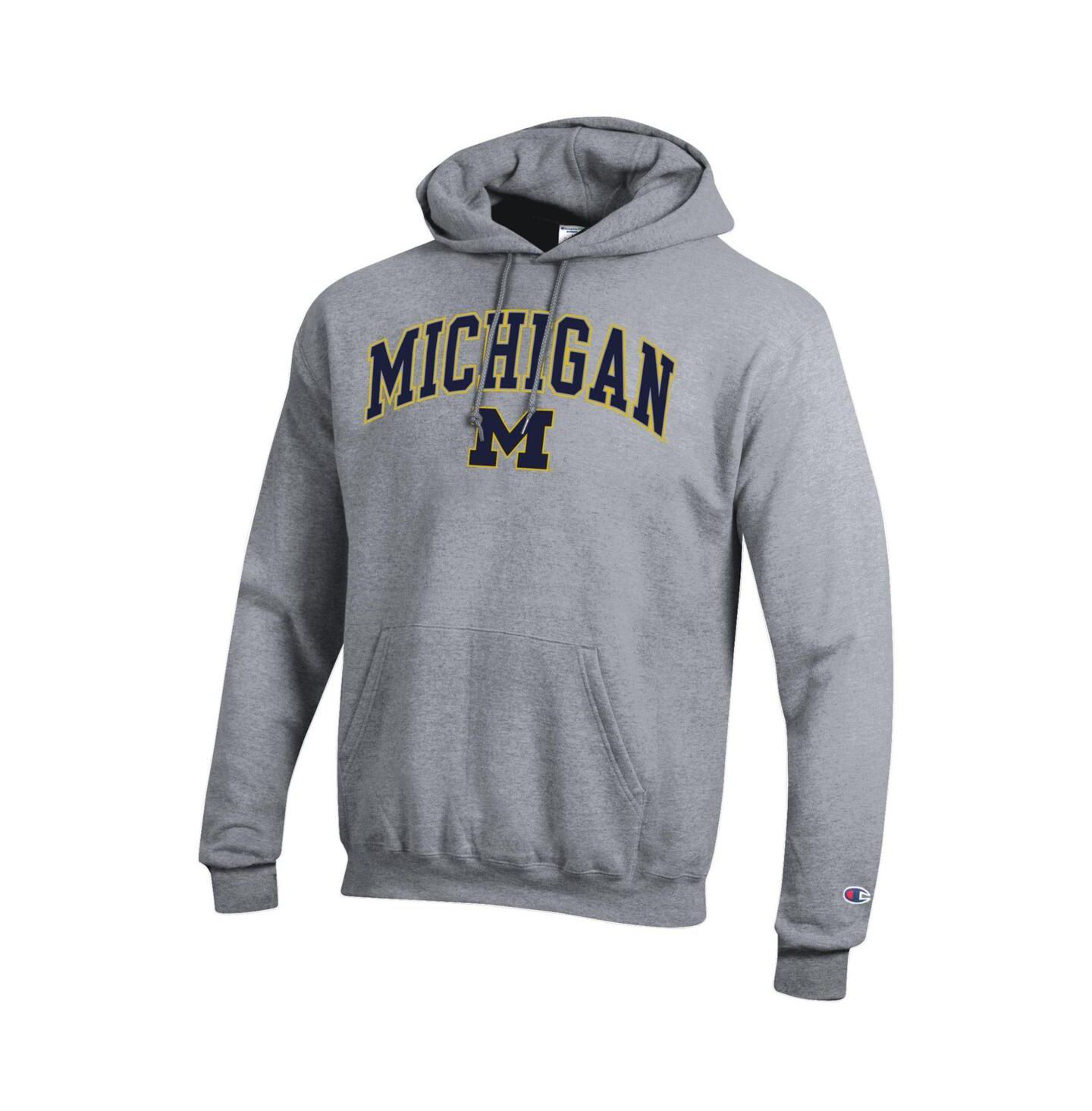 Мужское худи Champion Navy Michigan Wolverines Arched Logo Fleece Pullover, цвет: Меланжевый серый — фото 2