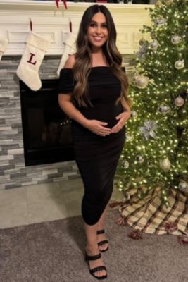 Maternity Black Off Shoulder Ruched Midi Dress