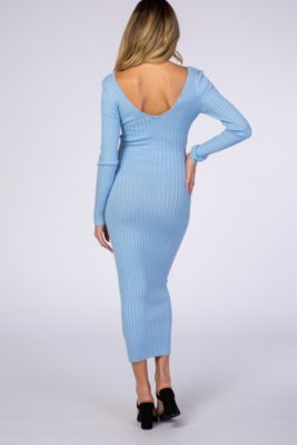 Maternity Light Blue V-Neck Long Sleeve Fitted Maxi Dress