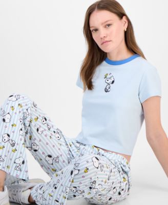 Love Tribe Juniors Snoopy Crewneck T Shirt Snoopy Allover Print Drawstring Pants In Brown