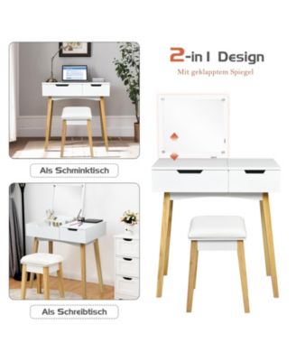 Wooden Vanity Table with Flip Top Mirror and Cushioned Stool