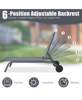 Set of 2 Patio Chaise Lounge Chair Aluminum Adjustable Recliner w/ Wheels