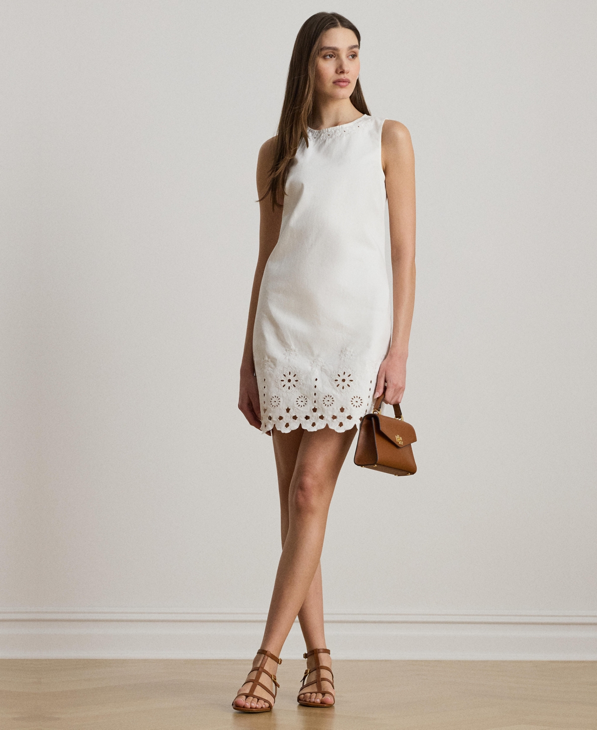 Women's Eyelet Denim Sleeveless Shift Dress - White Wash