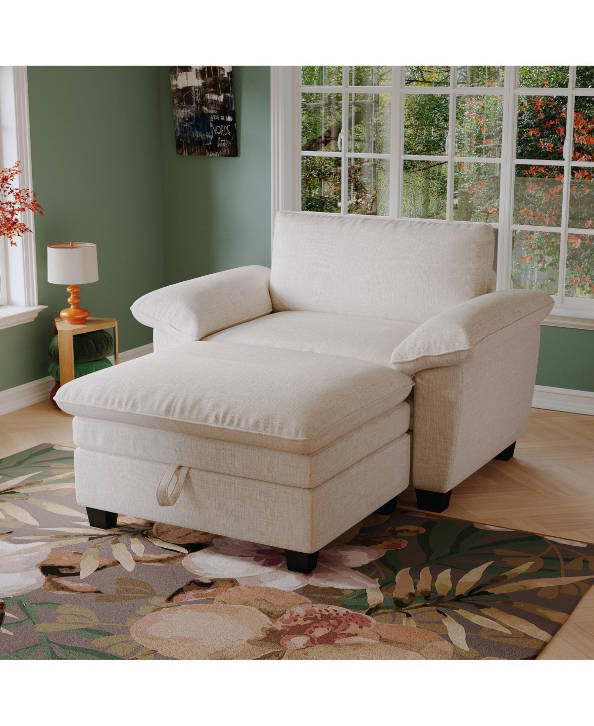51&#x22; Beige Chenille Chaise Lounge with Ottoman & Storage - Beige