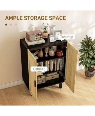 Sideboard Buffet Cabinet, Kitchen Cabinet, Coffee Bar Cabinet with 2 Rattan Doors and Adjustable Shelves, Black and Natural