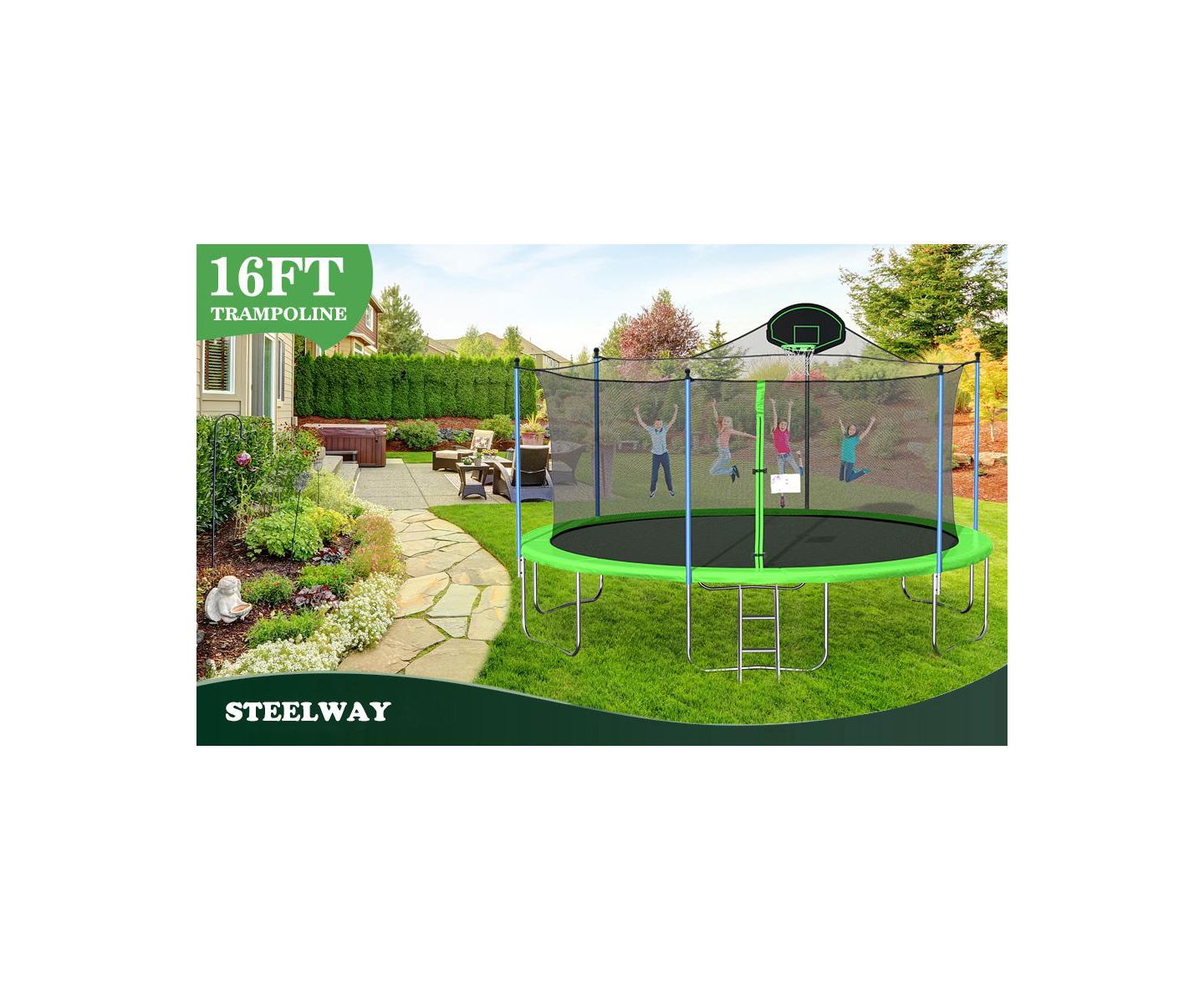 Детская игрушка Flynama 16FT Trampoline with Safety Enclosure Net, Basketball Hoop and Ladder, Large-Scale Trampoline for Kids/Adluts Family Jumping Outdoor Workout — фото 4