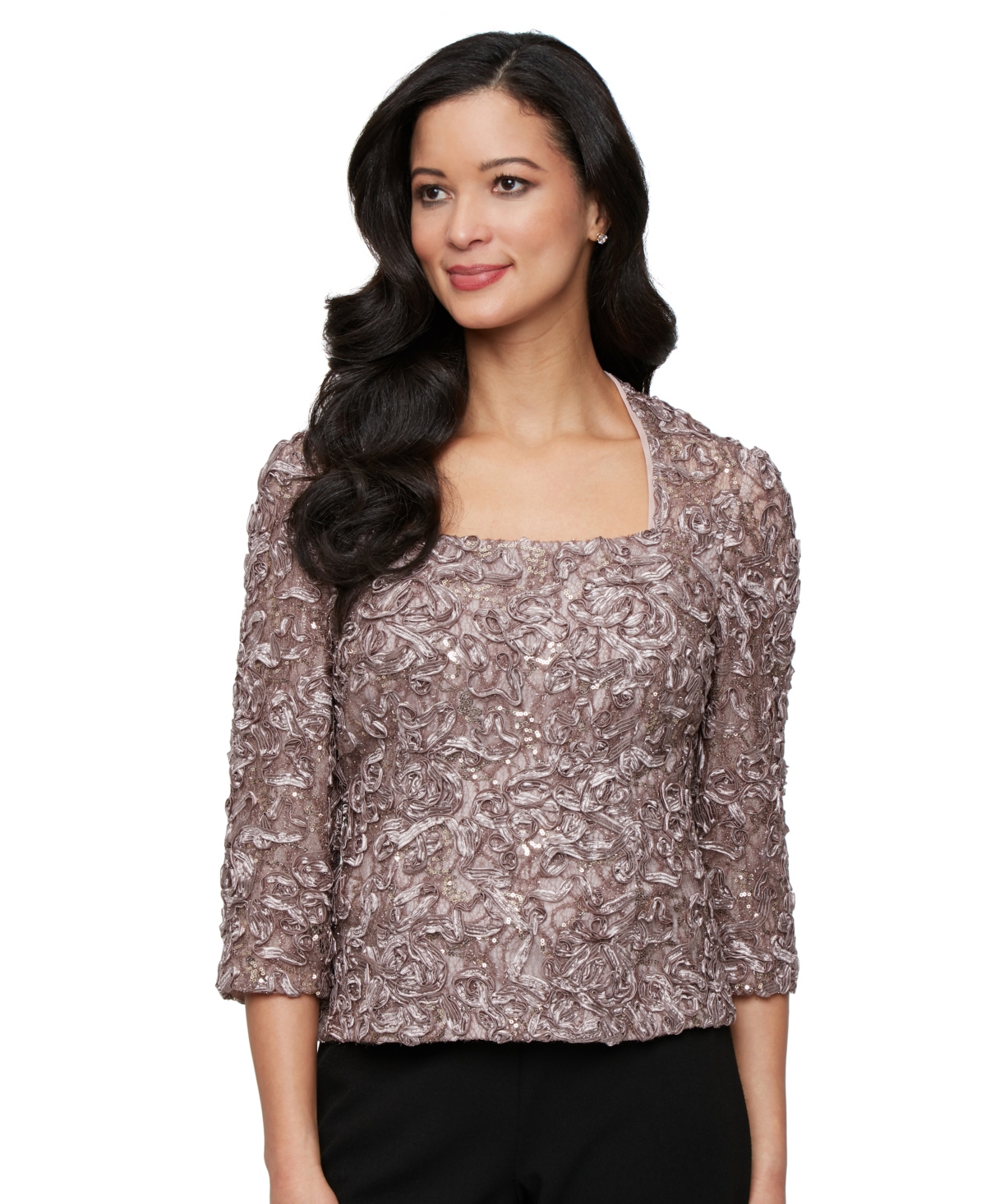 Women's Soutache Lace 3/4-Sleeve Top - Mink