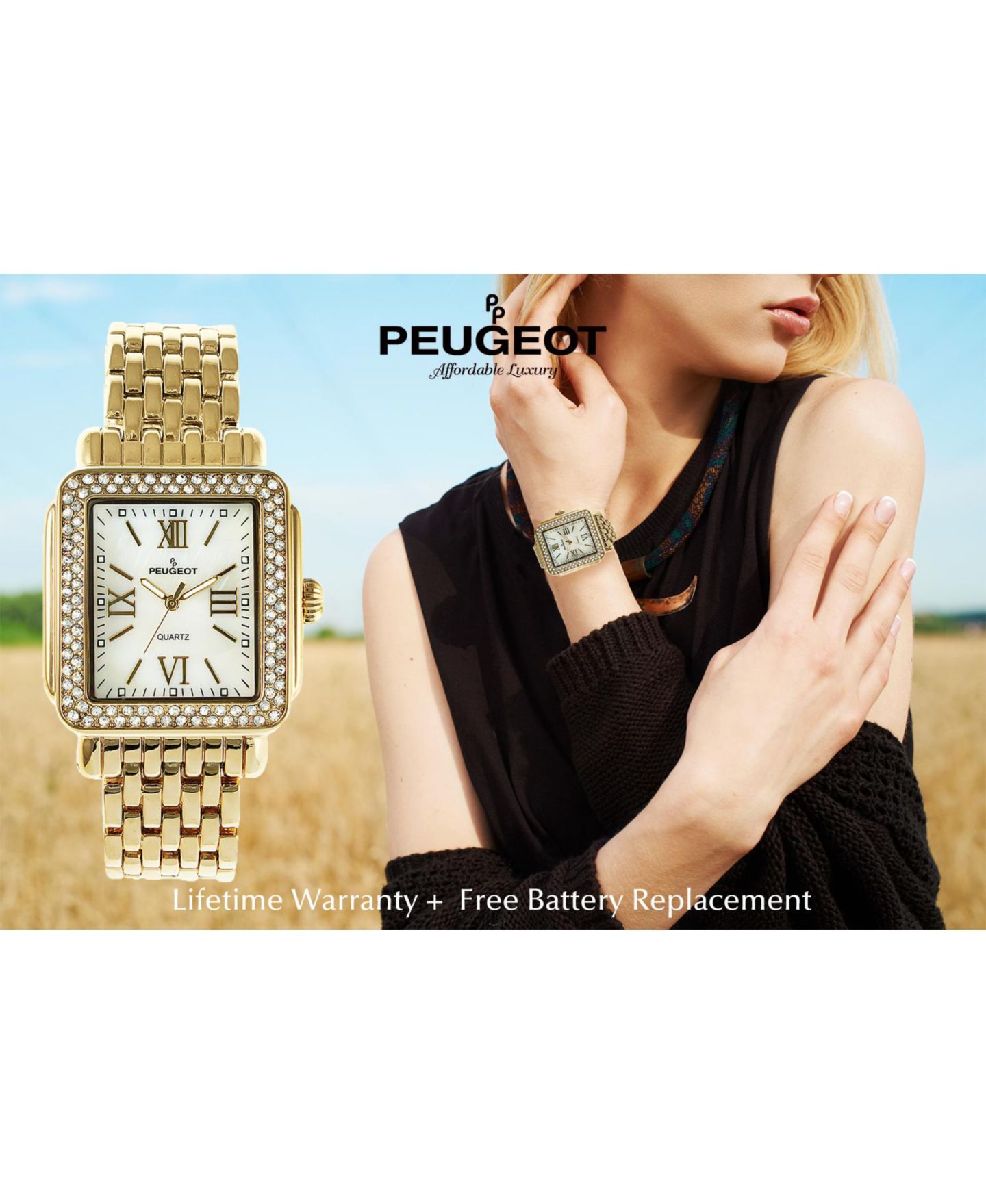 Женские часы Peugeot Gold Tank Bracelet Watch with Panther Link Gold-Tone Bracelet Strap, цвет: Золотой — фото 7