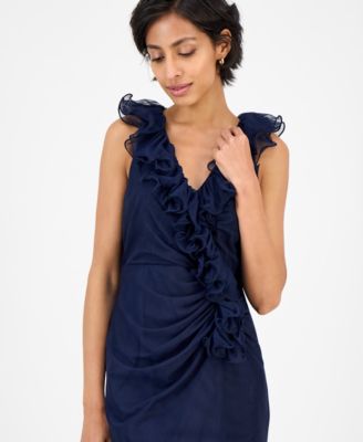 Petite Ruffled V-Neck Sleeveless Mesh Gown