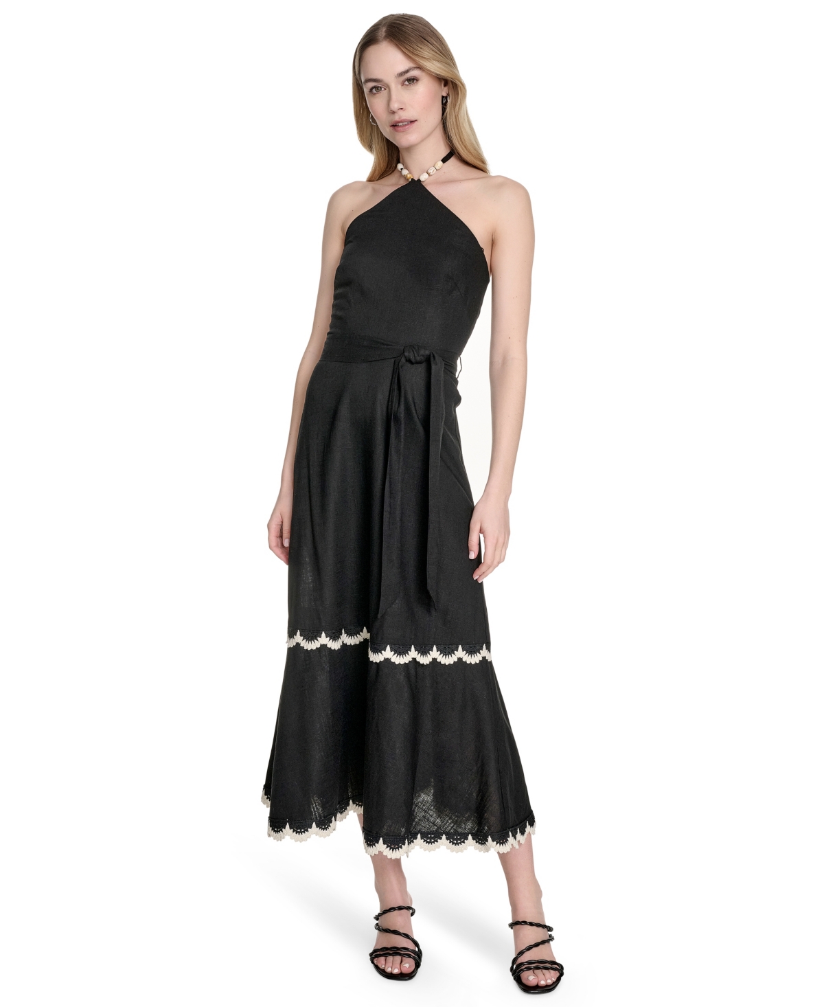 Women's Beaded-Strap Contrast-Trim Halter Midi Dress - Black
