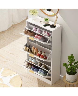 Wooden 3-door natural shoe cabinet,Mirror door panel, multi-purpose shoe rack with metal handles