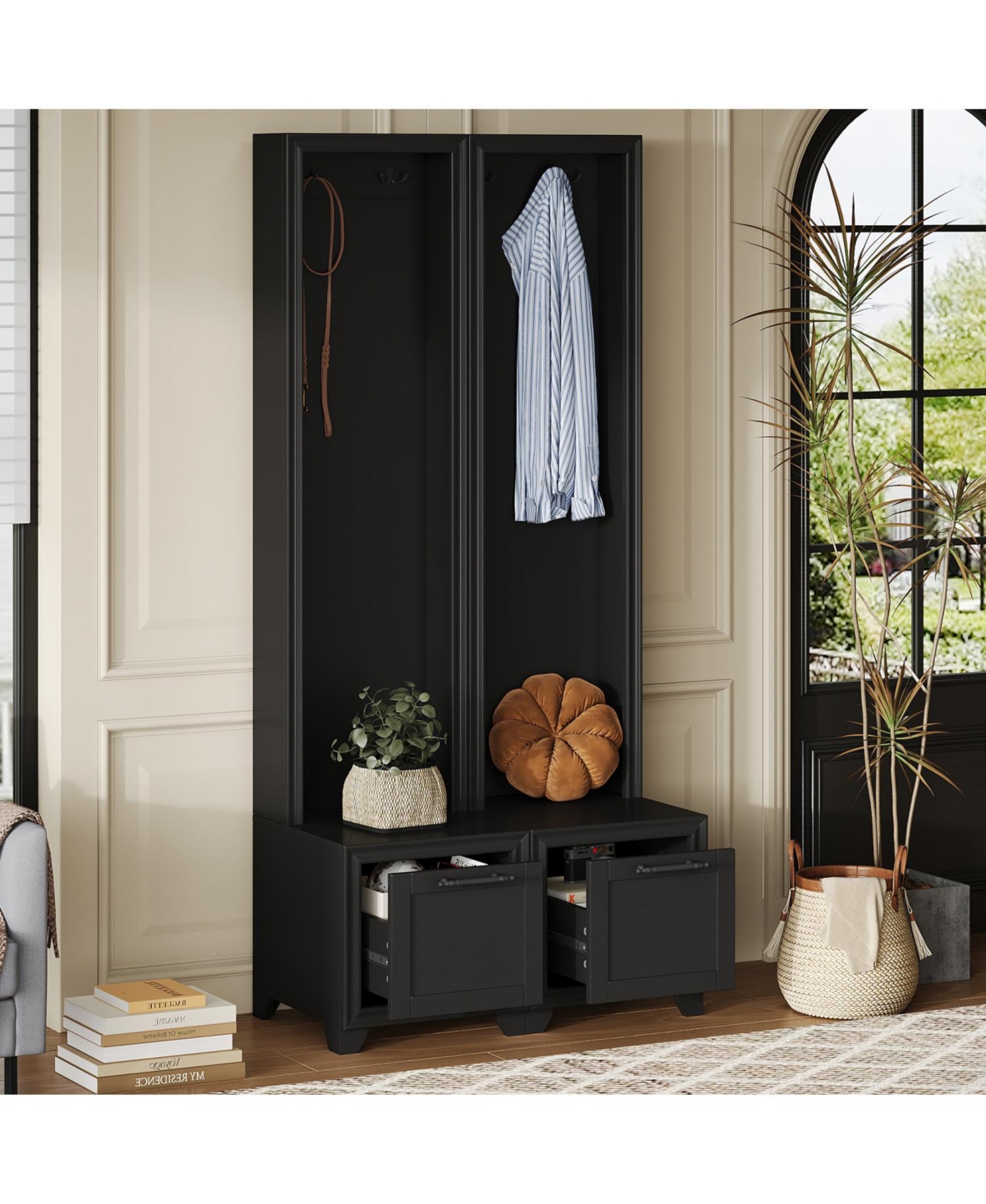 Hall Tree Set of 2: Coat Rack, Bench & Storage - Black