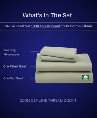 Luxury 1000 Thread Count King Size Sheets Set - 100% Cotton Sateen - Soft, Thick & Deep Pocket