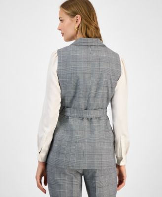 Women's Checkered-Print Belted Vest, Regular & Petite