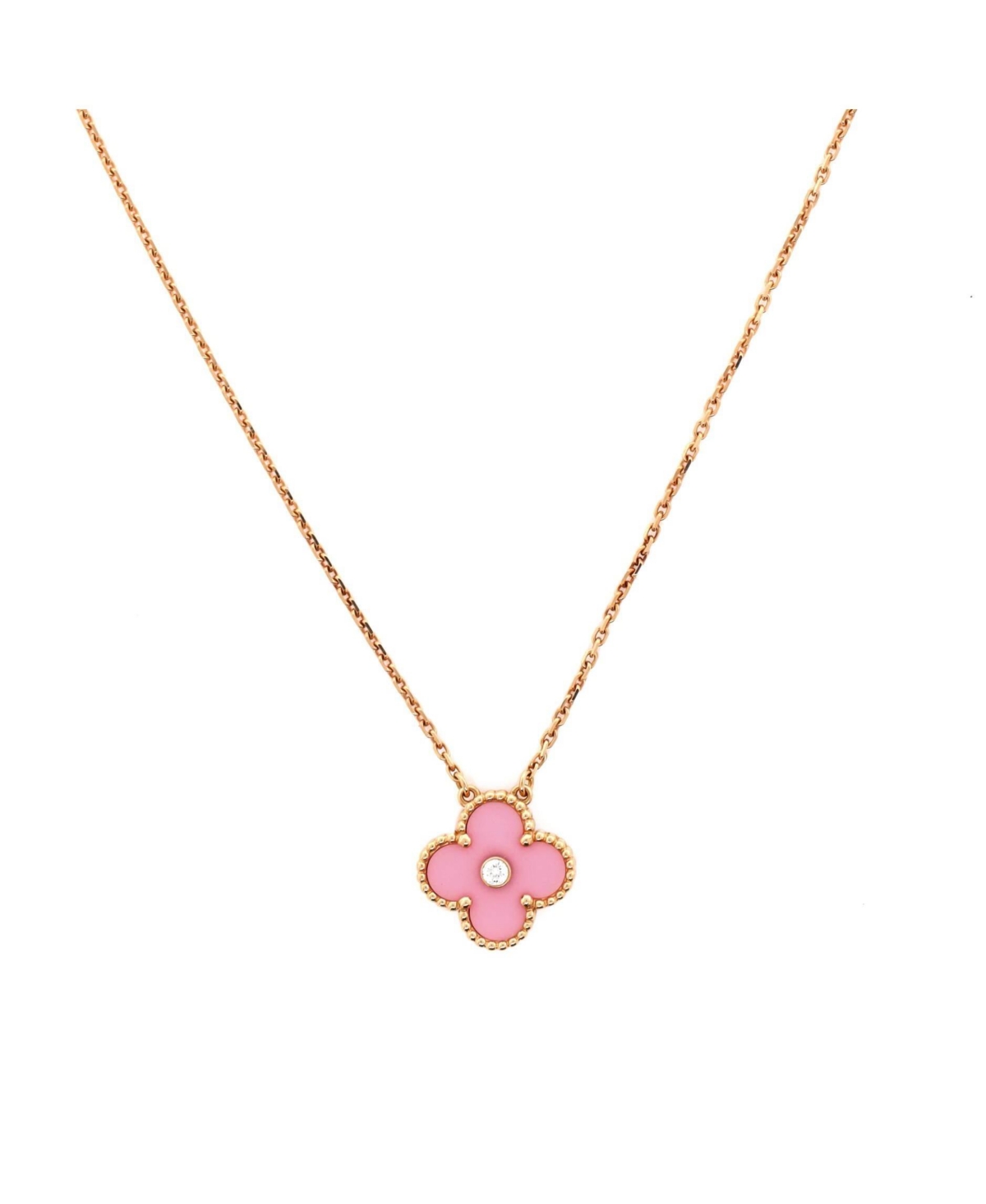 Vintage Alhambra Pendant Necklace 18K Rose Gold and Pink Sevres Porcelain with Diamond - 18k rose gold