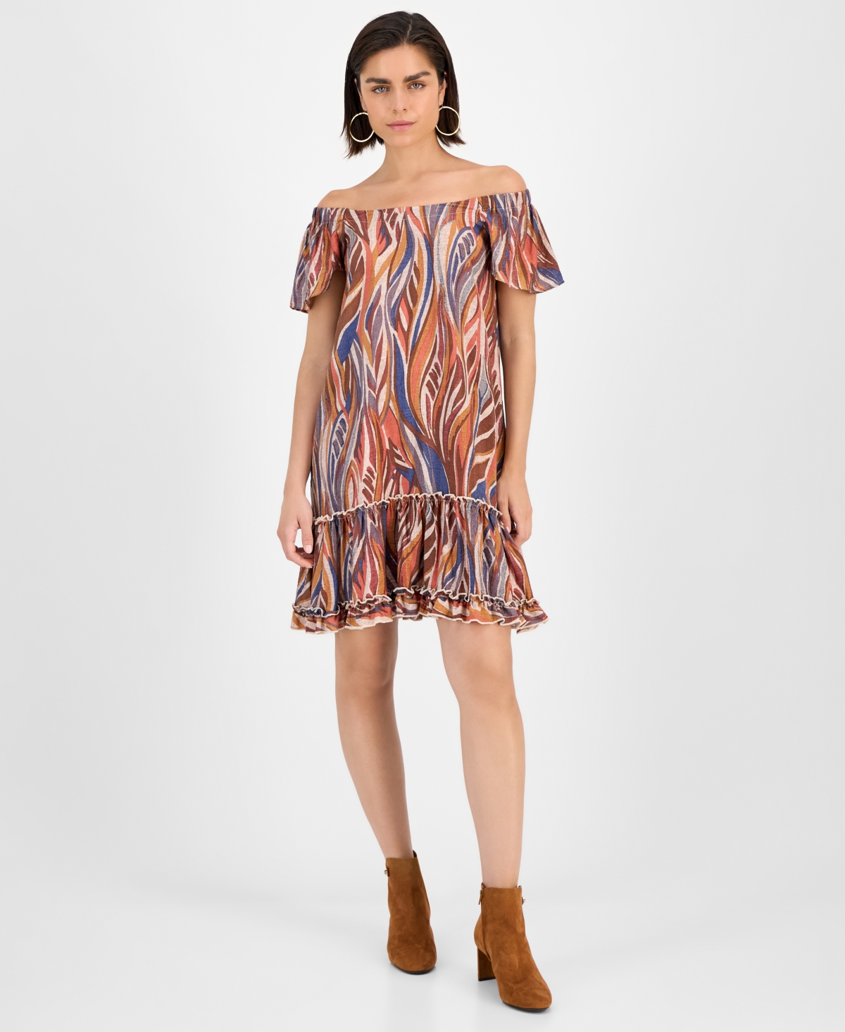 Women's Printed Off-The-Shoulder Dress - Rust Multi