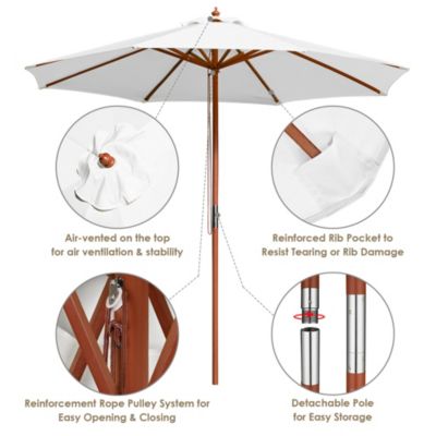 9ft Solid Wood Outdoor Patio Umbrella with Base Included Parasol Wheels Stand for Bistro Market Garden Deck Yard Poolside White