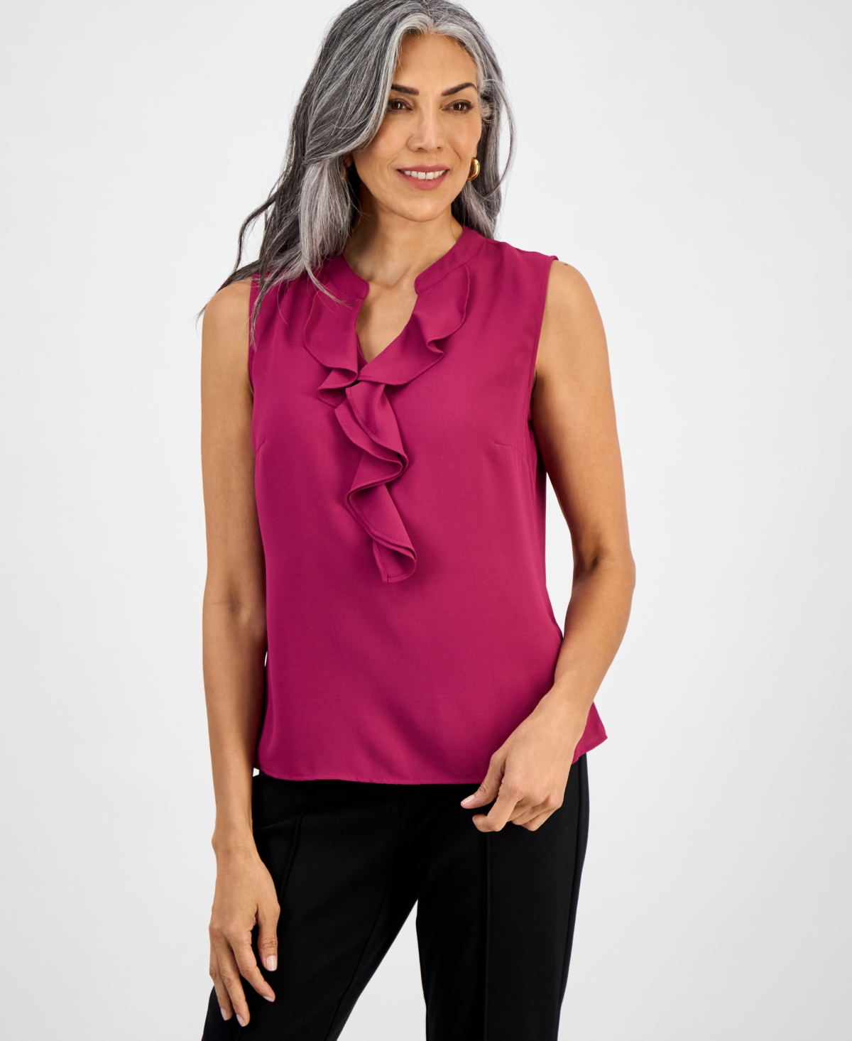 Women's Sleeveless Ruffle-Neck Blouse, Regular & Petite - Cerise
