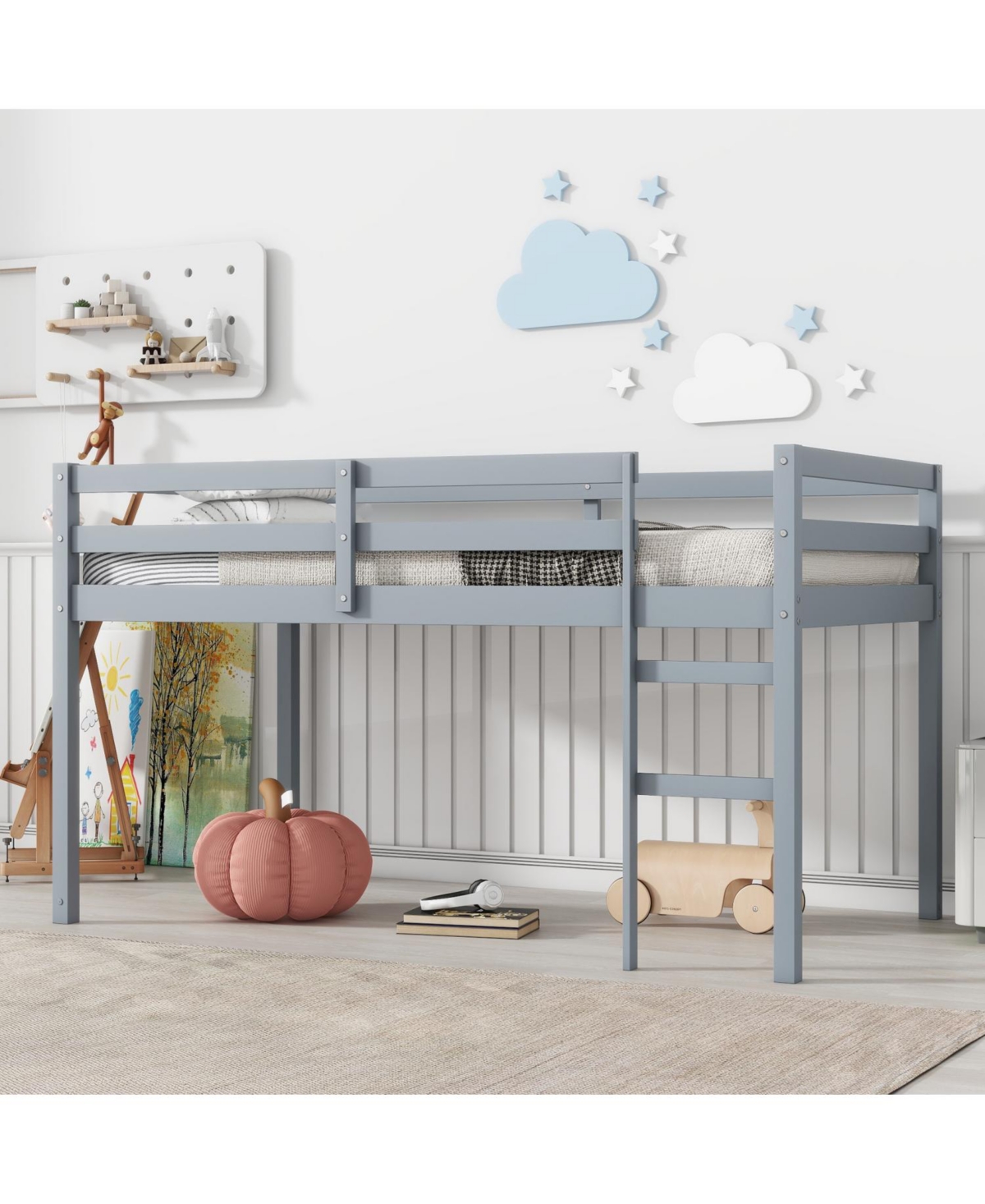 Streamdale Furniture Solid Wooden, Rubber Wooden Twin Loft Bed with Ladder, Bed Platform of Strengthened Slats, Grey