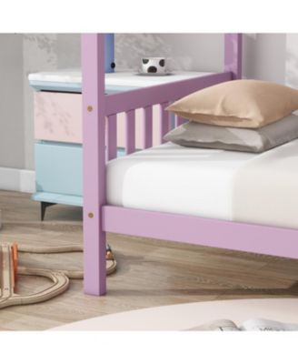 Twin House Bed with Headboard and Footboard, Twin Rubber Wood Bed with House Frame,Pink