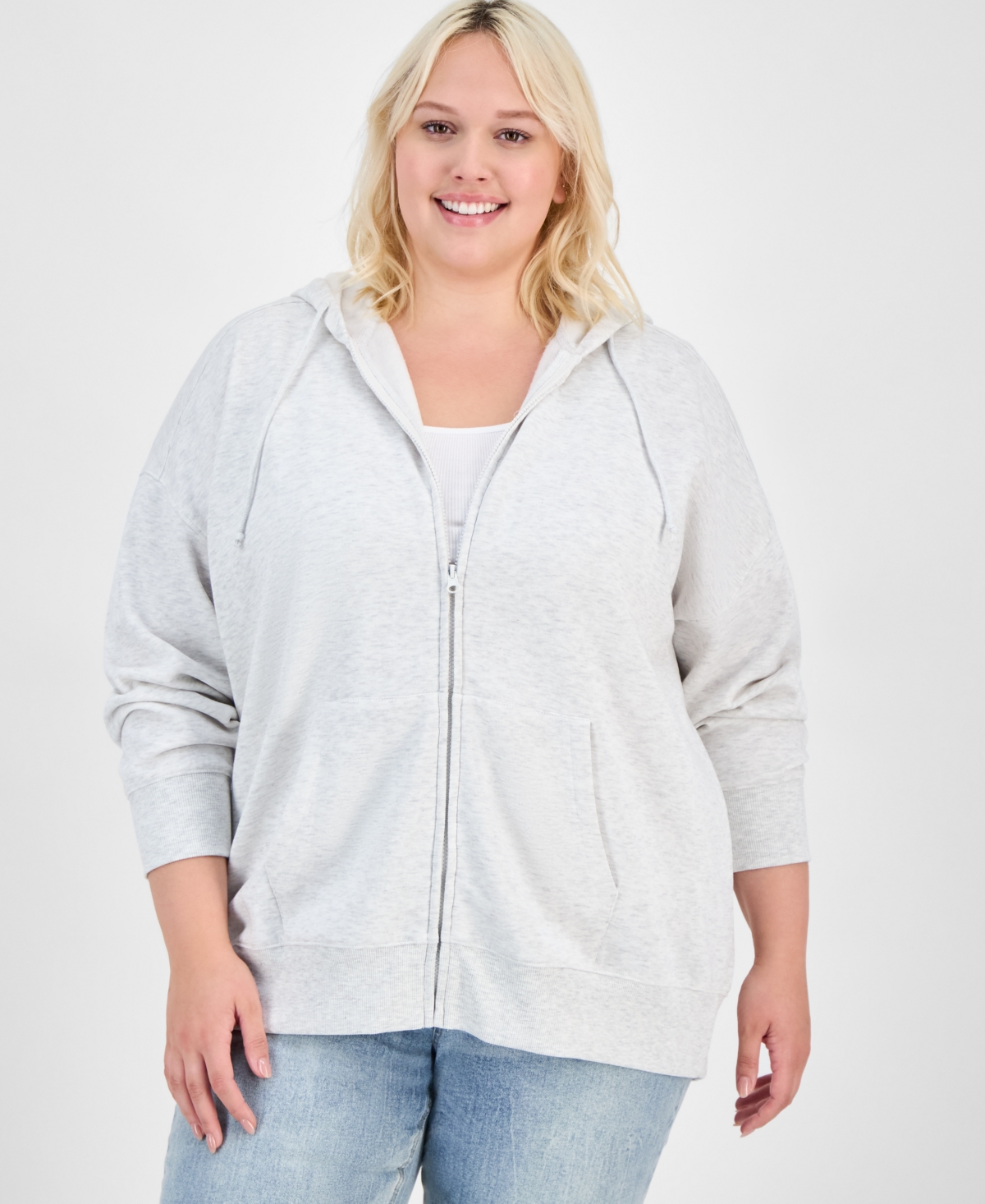 Trendy Plus Zip-Front Drawstring Hoodie - Wht Hthr Grey