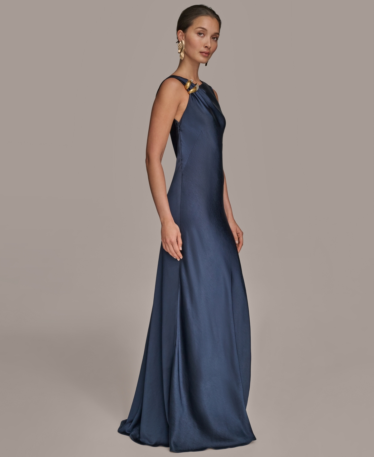Donna Karan New York Asymmetric Cowl Back Satin Gown In Blue