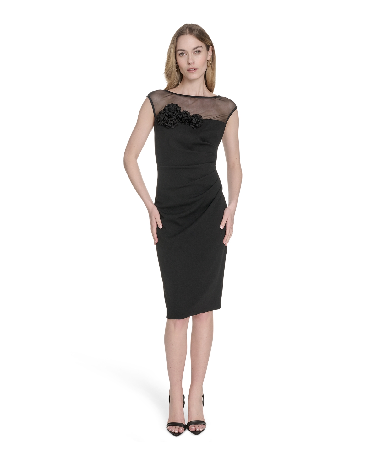 Women's Dimensional-Flower Sleeveless Scuba Dress - Black