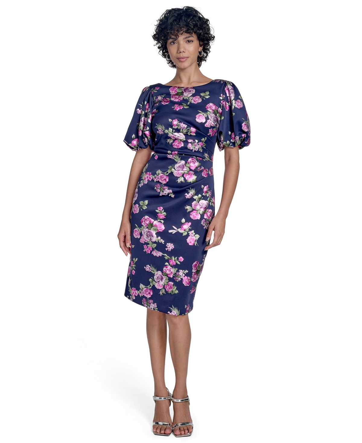 Women's Floral-Print Puff-Sleeve Sheath Dress - Navy Multi