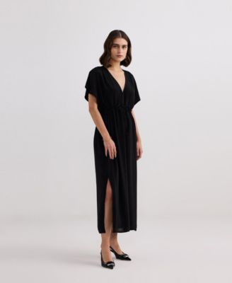 Women's V-neck Gathered Maxi Dress in Black