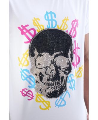 Men's Multi Color Money Skull Rhinestone Crew T-Shirt