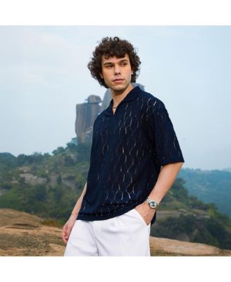 Men's Prussian Blue Honeycomb-Knit Polo T-Shirt