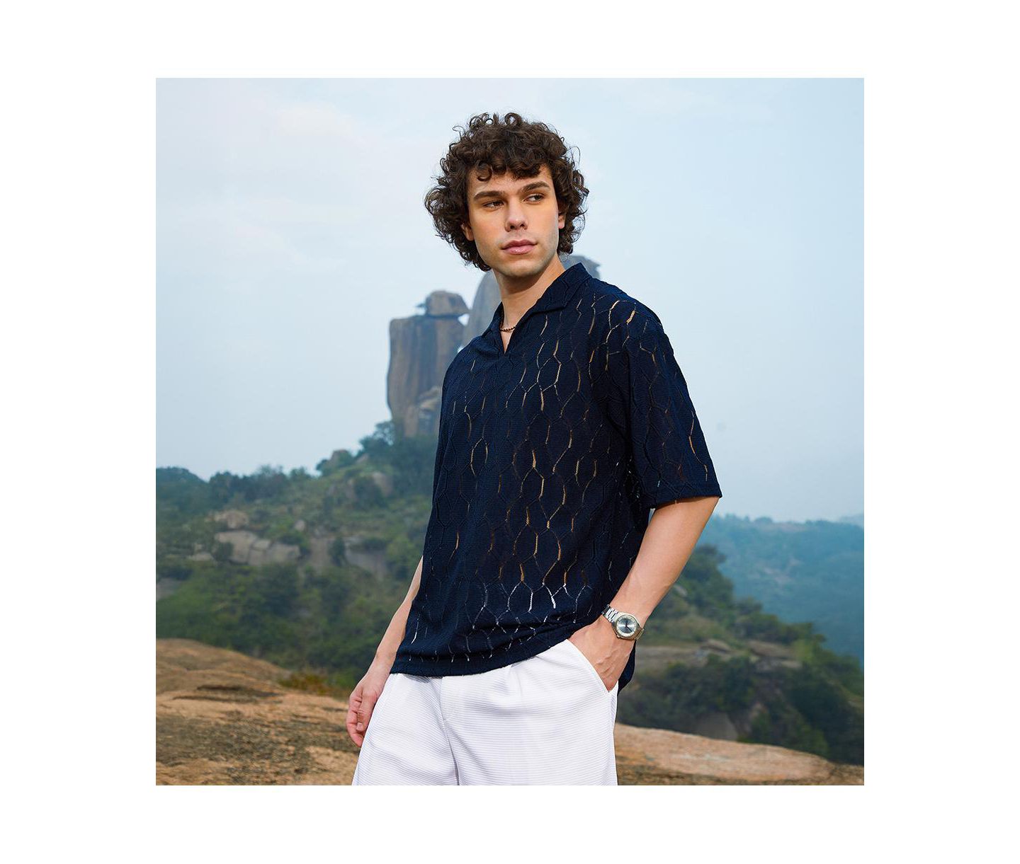 Мужская футболка Cahoot Campus Sutra Prussian Blue Honeycomb-Knit Polo, цвет: Синий — фото 4