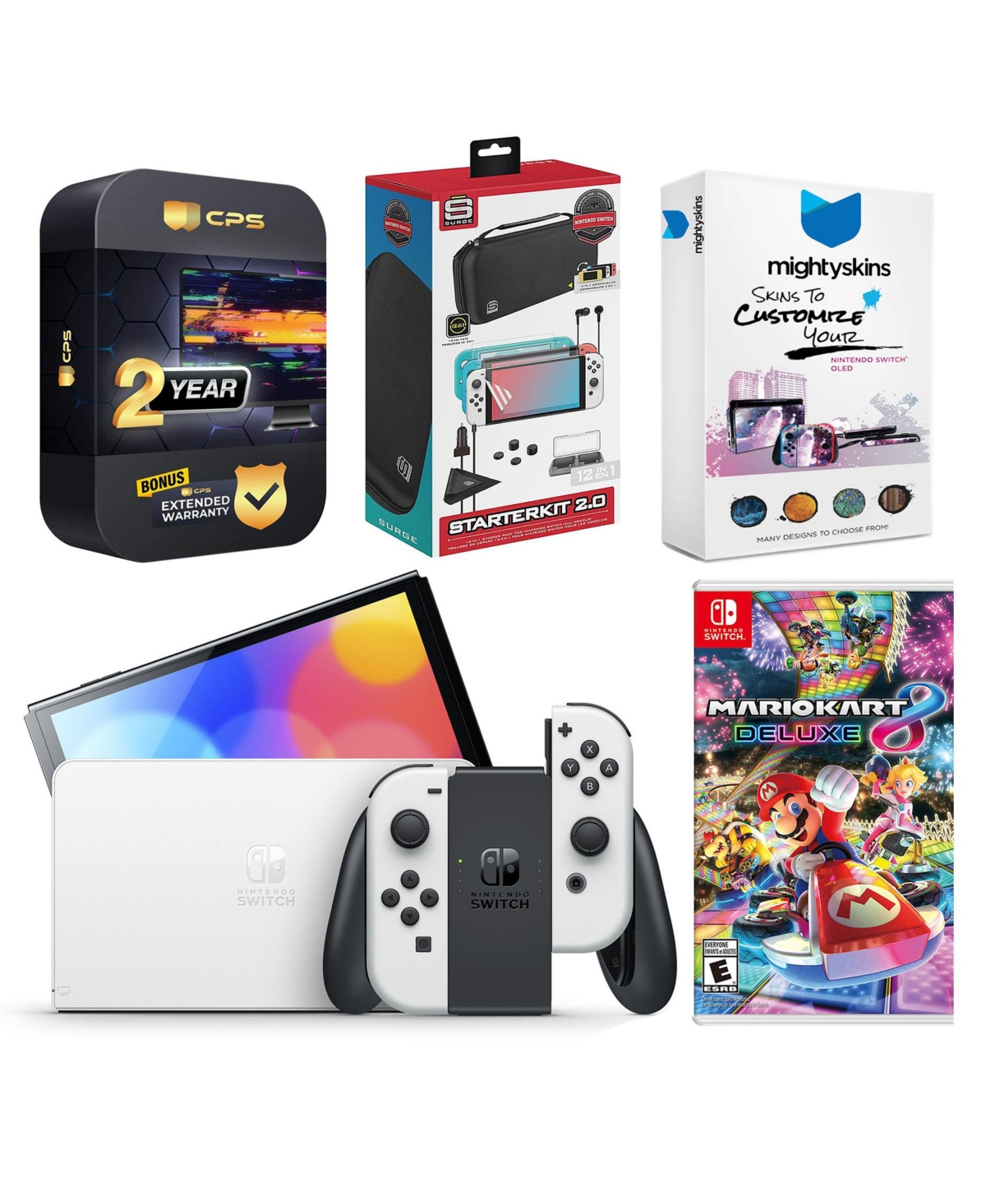 Nintendo Switch White Oled Console with Mario Kart 8 Deluxe, Surge Accessory Gaming Kit, MightySkins Console and Controller Skin Voucher, and 2 Year C