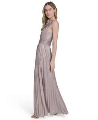 Women's Metallic-Print Pleated Halter Gown