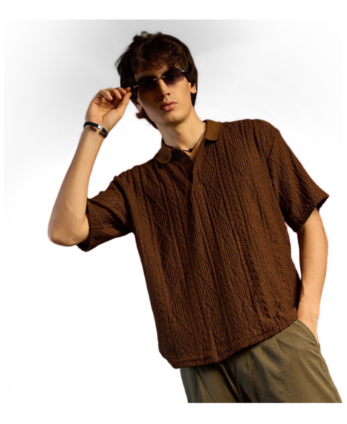 Мужская футболка Cahoot Chocolate Brown Argyle Oversized, цвет: Коричневый — фото 2