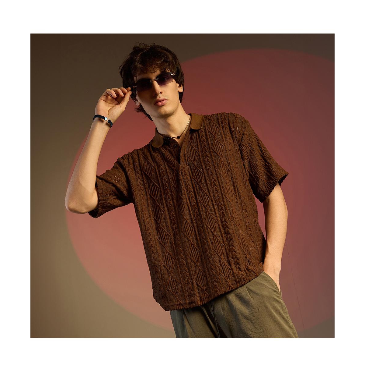 Campus Sutra Men's Chocolate Brown Argyle Oversized T-shirt