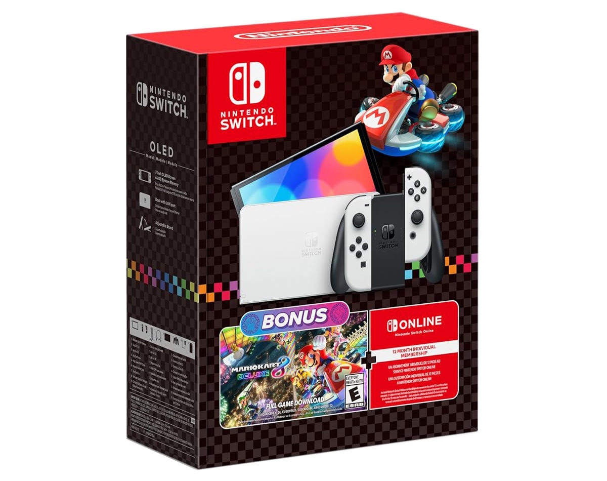 Nintendo Switch White Oled Console with Pikmin 4, Surge Accessory Gaming Kit, MightySkins Console and Controller Skin Voucher and 1 Year Cps Extended