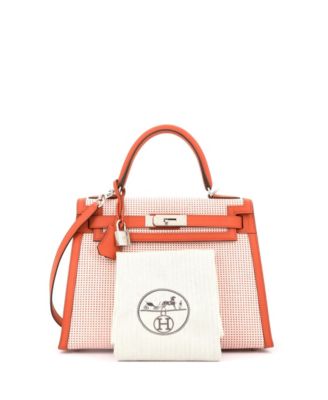 Pre-Owned Hermes Kelly 28 Handbag Quadrille Canvas and Orange Swift with Palladium Hardware