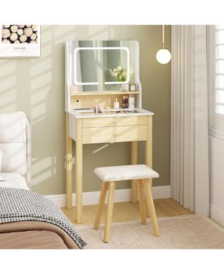 2Pc Adjustable LED Lighted Mirror and Power Outlets Small Vanity Desk Set