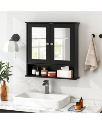 Double Door Wall-Mounted Bathroom Mirror Cabinet with Storage Shelf