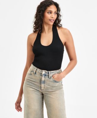 Bar III - Women's Halter Neck Rib-Knit Sweater Bodysuit