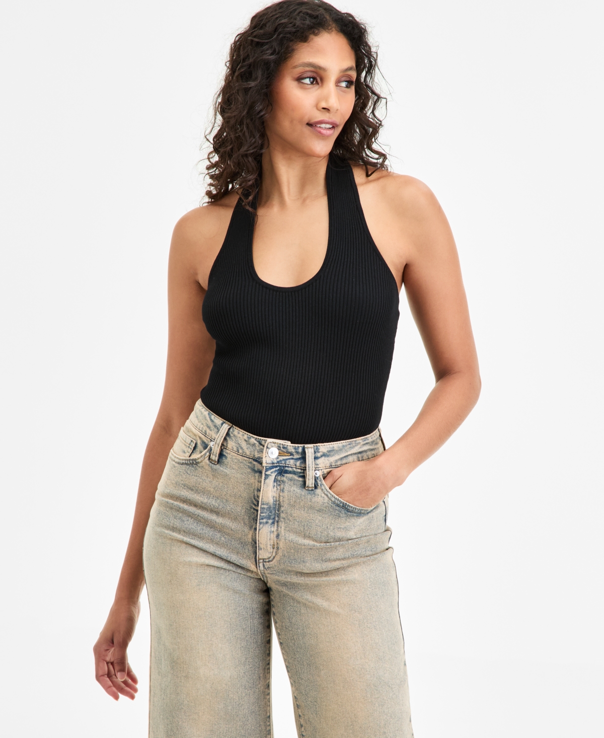 Bar Iii Women's Halter Neck Rib-knit Sweater Bodysuit, Exclusively At Macy's In Brown