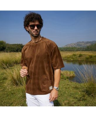 Men's Chocolate Brown Tartan-Plaid Oversized T-Shirt