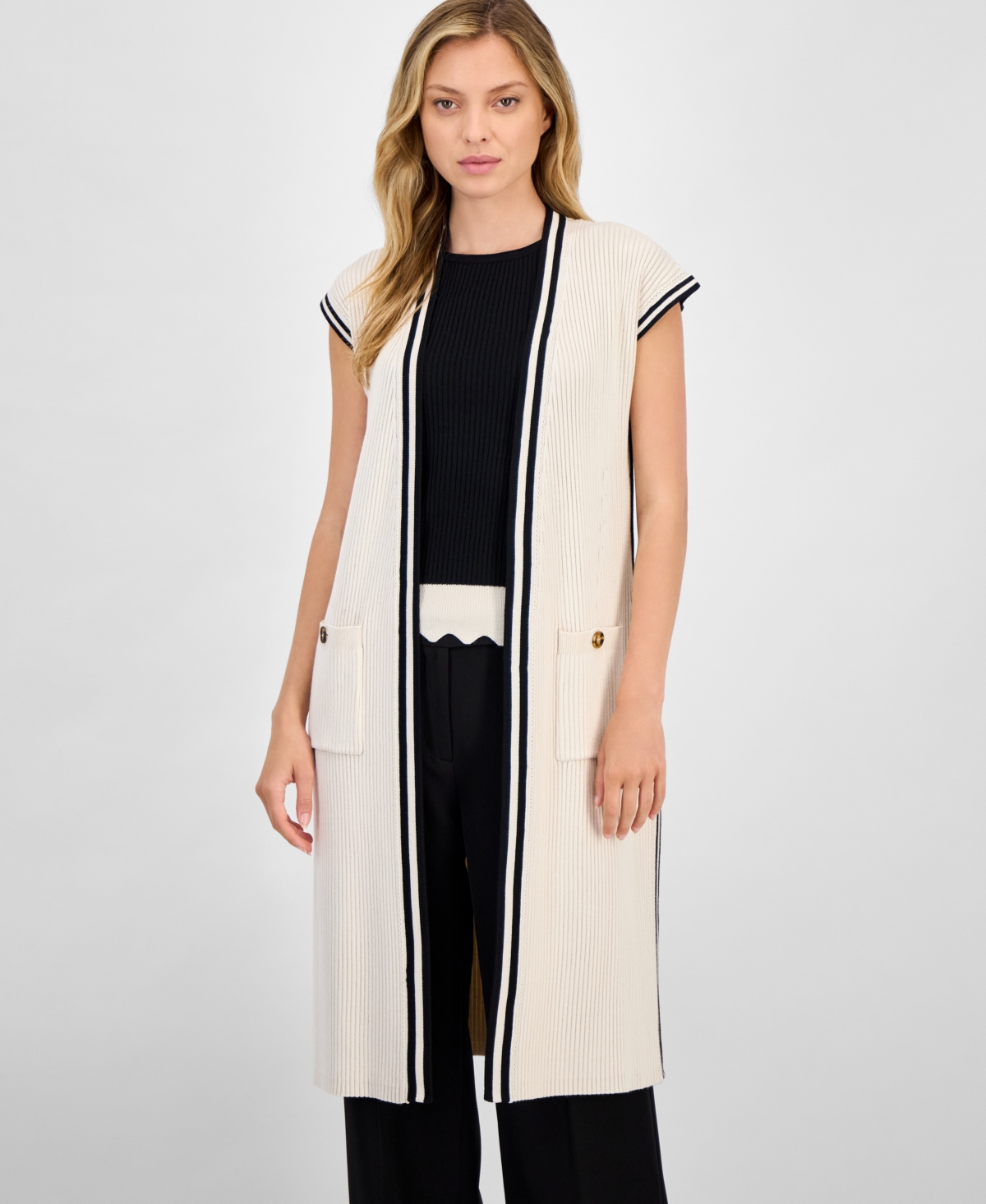 Women's Ribbed Pocket-Front Cardigan Sweater - French Beige/black