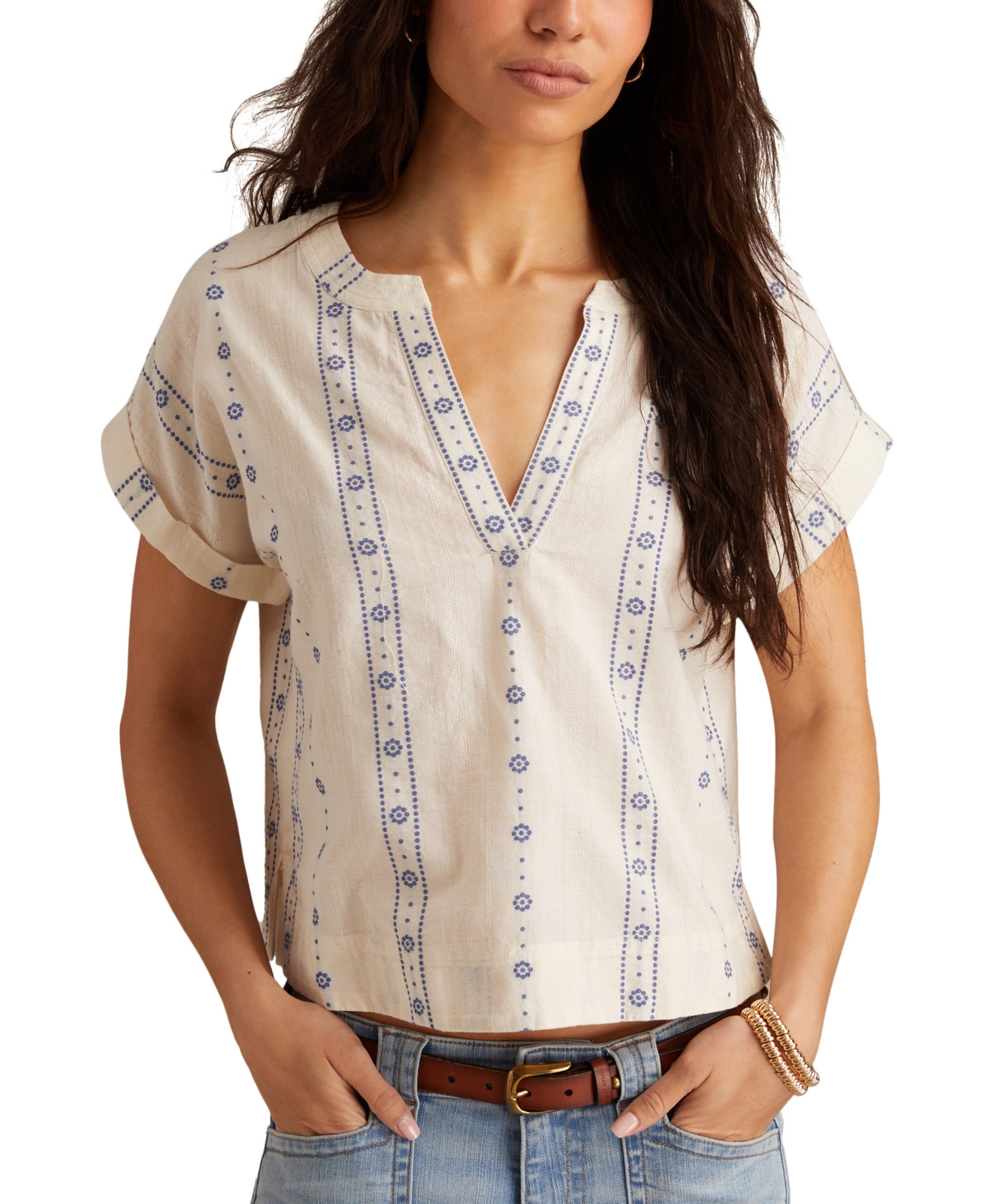 Women's Embroidered Cotton Cuffed-Sleeve Top - Lilac Overdye And Blue Jacquard